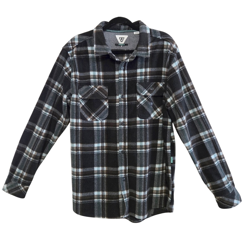 Vissla Mens Plaid Polar Fleece Gorpcore Outdoor Button Down Shirt Black Blue XL